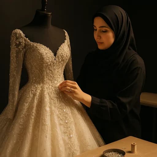 طراحی و دوخت لباس عروس خاص و شیک با سنگ‌دوزی‌ و جواهر دوزی‌ حرفه‌ای
