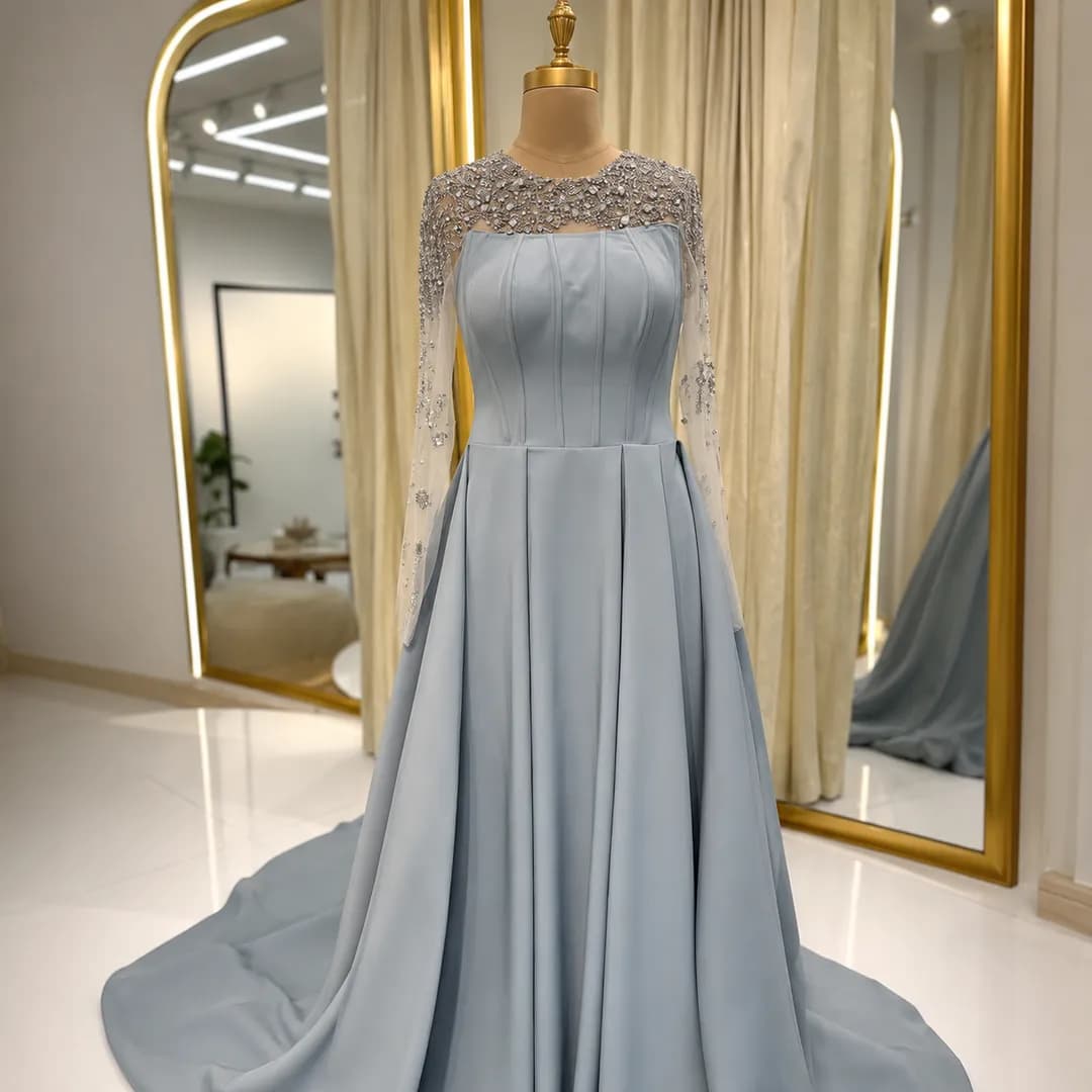Ice Blue Evening Dress with Silver Embellishments